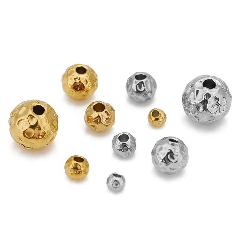 10pcs 3/4/5/6/8mm Stainless Steel Frosted Hammerd Texture Beads Charm Gold Loose Spacer Beads for DIY Bracelets Jewelry Making