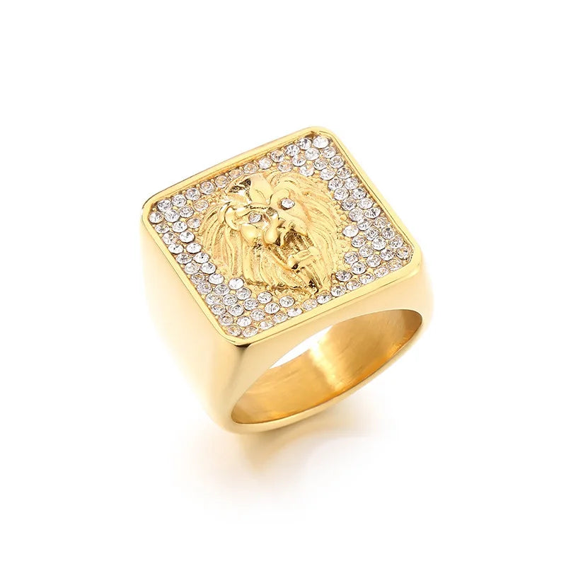 Hip Hop Men's Lion Head/Cross /Tai Chi Signet Ring Stainless Steel Shinny Zircon Ring