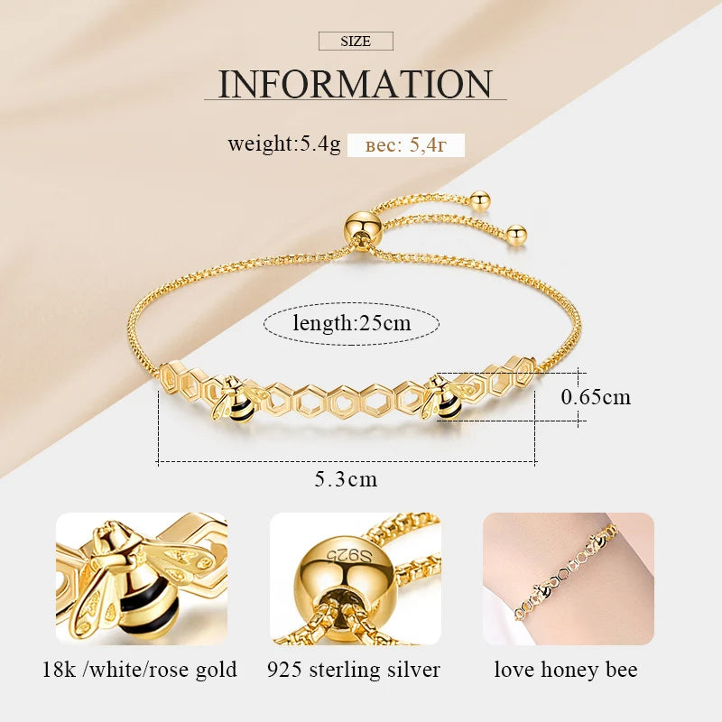 KALETINE Honey Bee 925 Sterling Silver Bracelets For Women Heart Luxury Love Comb Bee Men Women Tennis Bracelet Gold Jewelry