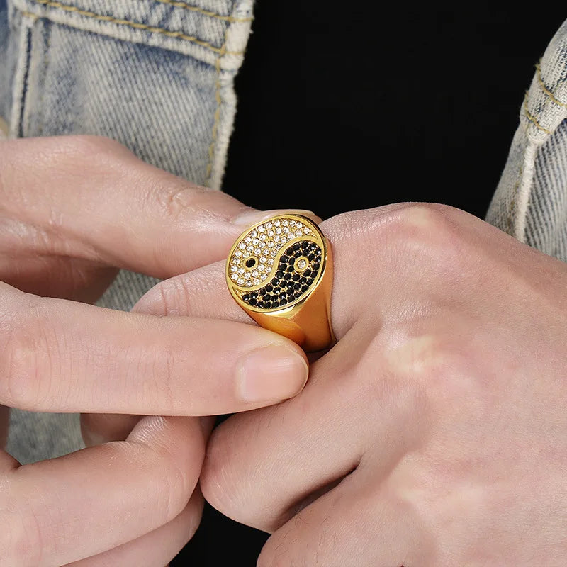 Hip Hop Men's Lion Head/Cross /Tai Chi Signet Ring Stainless Steel Shinny Zircon Ring