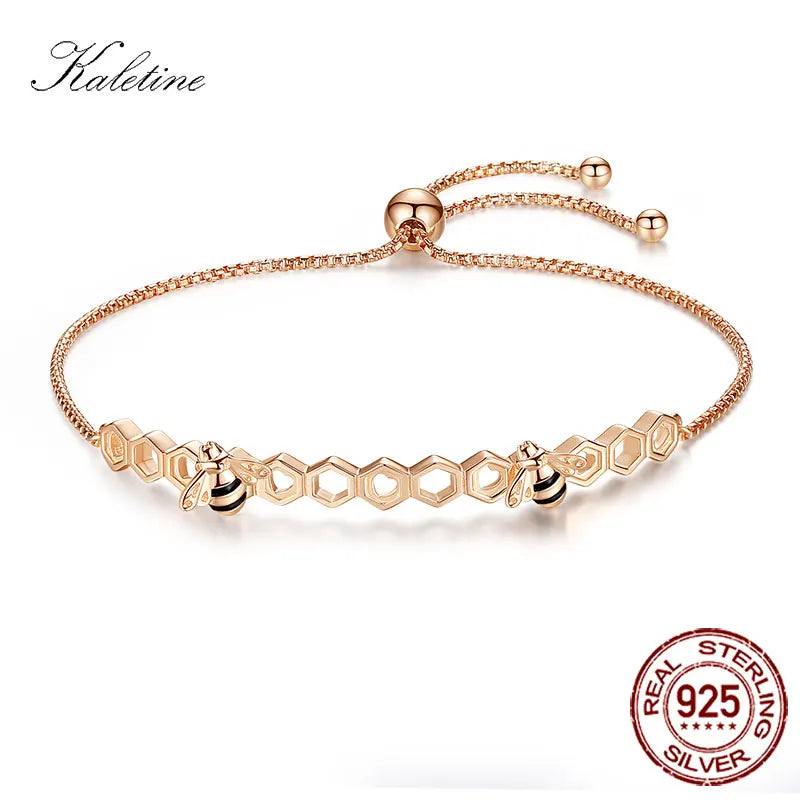 KALETINE Honey Bee 925 Sterling Silver Bracelets For Women Heart Luxury Love Comb Bee Men Women Tennis Bracelet Gold Jewelry