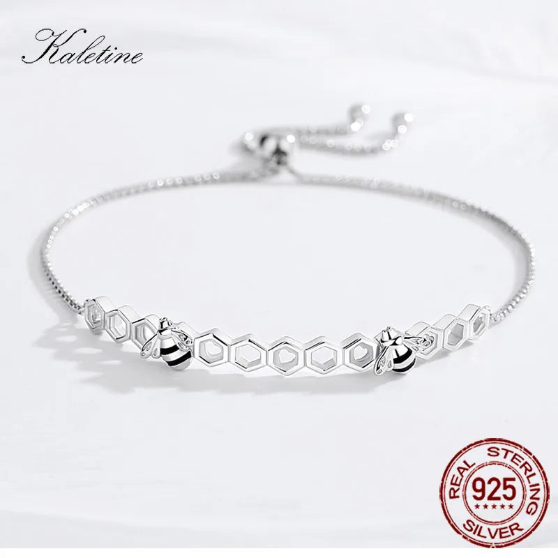 KALETINE Honey Bee 925 Sterling Silver Bracelets For Women Heart Luxury Love Comb Bee Men Women Tennis Bracelet Gold Jewelry