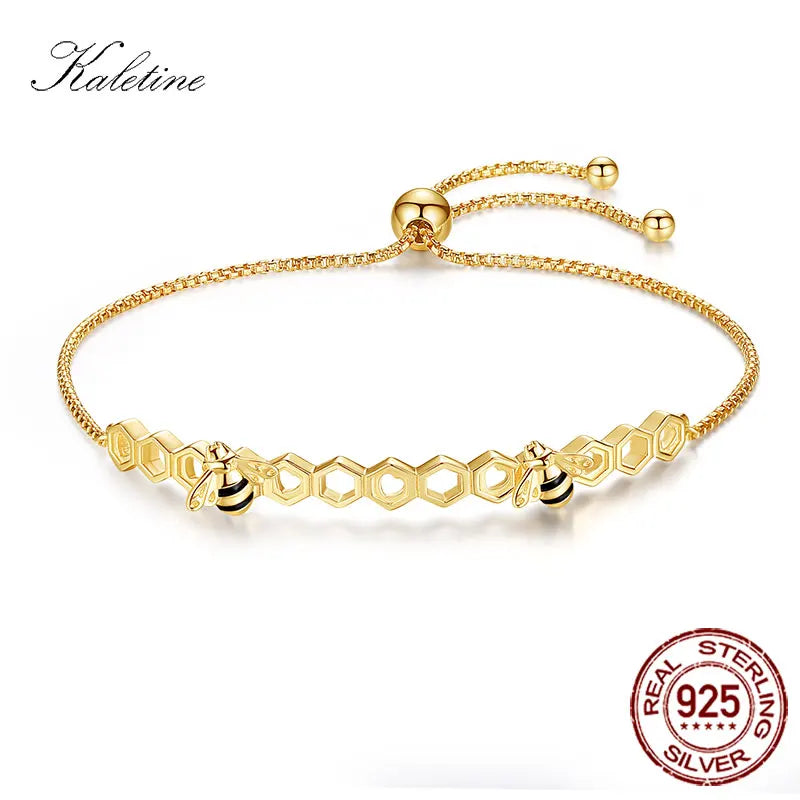 KALETINE Honey Bee 925 Sterling Silver Bracelets For Women Heart Luxury Love Comb Bee Men Women Tennis Bracelet Gold Jewelry