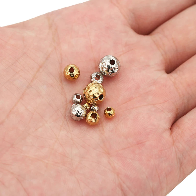 10pcs 3/4/5/6/8mm Stainless Steel Frosted Hammerd Texture Beads Charm Gold Loose Spacer Beads for DIY Bracelets Jewelry Making