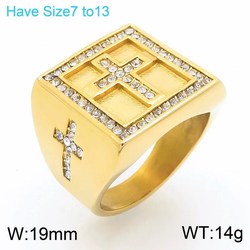 Hip Hop Men's Lion Head/Cross /Tai Chi Signet Ring Stainless Steel Shinny Zircon Ring