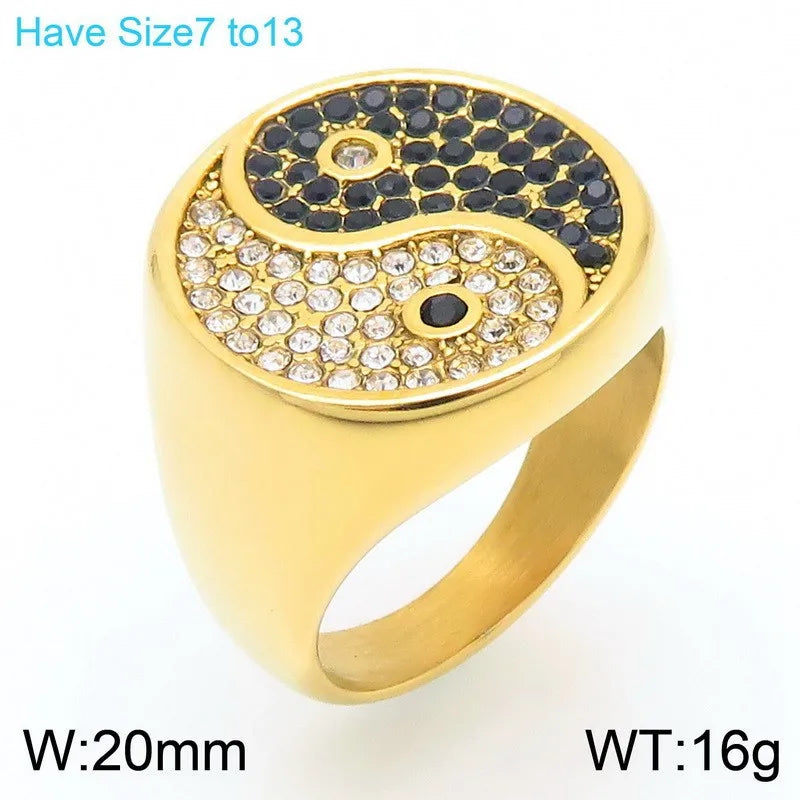 Hip Hop Men's Lion Head/Cross /Tai Chi Signet Ring Stainless Steel Shinny Zircon Ring