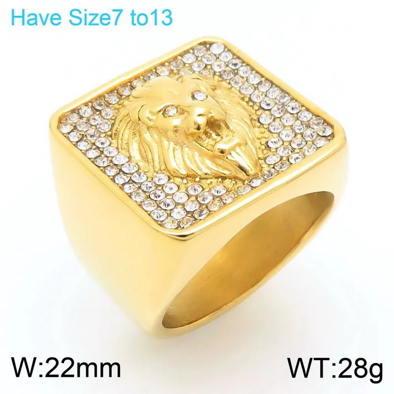 Hip Hop Men's Lion Head/Cross /Tai Chi Signet Ring Stainless Steel Shinny Zircon Ring